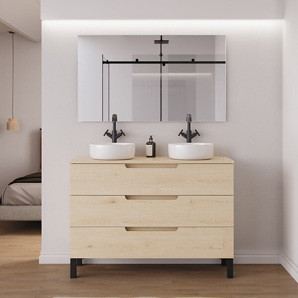 COSYNEO - Meuble de salle de bain 120cm avec plateau et 2 vasques à poser rondes - 3 tiroirs - sans miroir - roble calima (bois clair) - RIZA - large