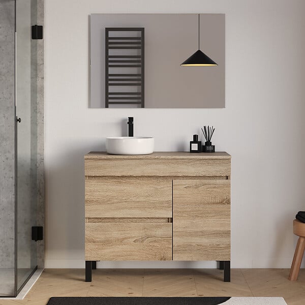 COSYNEO - Meuble de salle de bain 90cm avec plateau et vasque à poser ronde - porte et tiroirs - cambrian (chêne clair) - LAZARO - large