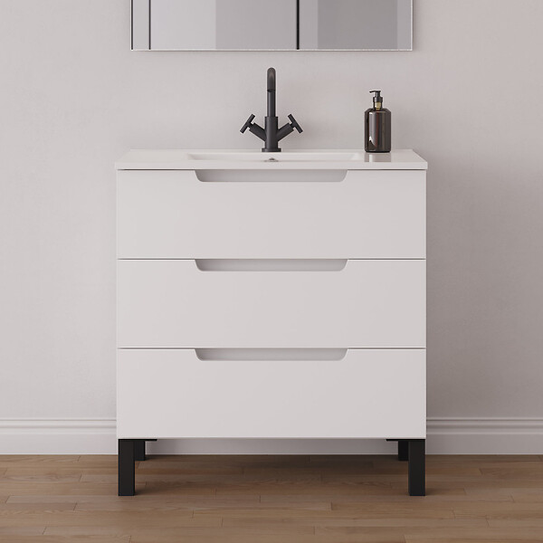 COSYNEO - Meuble de salle de bain 60cm simple vasque - 3 tiroirs - blanc mat - RIZA - large