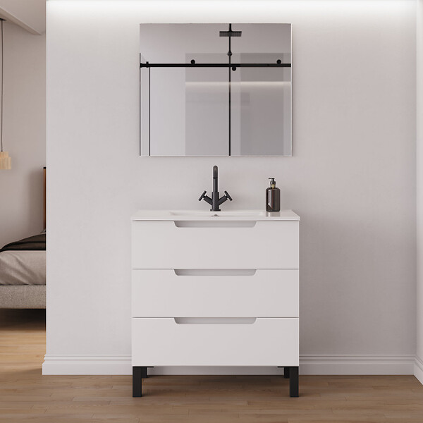COSYNEO - Meuble de salle de bain 60cm simple vasque - 3 tiroirs - blanc mat - RIZA - large