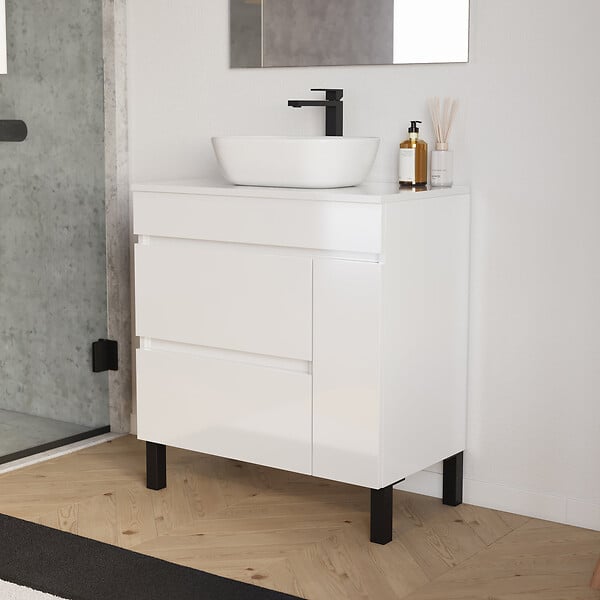 COSYNEO - Meuble de salle de bain 80cm avec plateau et vasque à poser arrondie - porte et tiroirs - sans miroir - blanc brillant - LAZARO - large