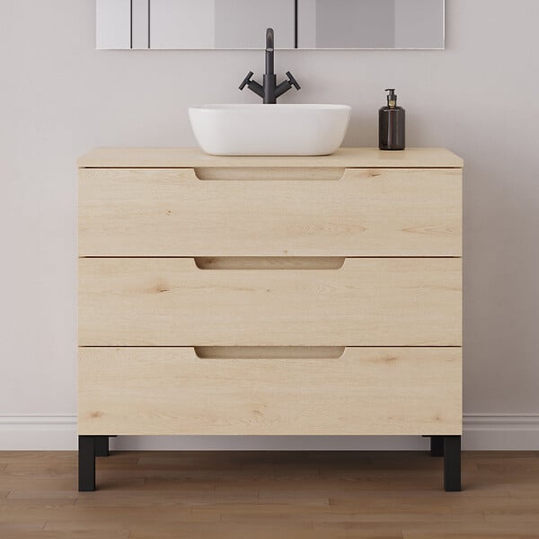 COSYNEO - Meuble de salle de bain 100cm avec plateau et vasque à poser arrondie - 3 tiroirs - roble calima (bois clair) - RIZA - large