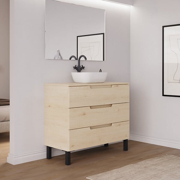 COSYNEO - Meuble de salle de bain 100cm avec plateau et vasque à poser arrondie - 3 tiroirs - roble calima (bois clair) - RIZA - large