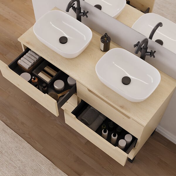 COSYNEO - Meuble de salle de bain 140cm avec plateau et 2 vasques à poser arrondies - 6 tiroirs - sans miroir - roble calima (bois clair) - RIZA - large