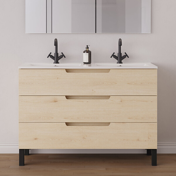 COSYNEO - Meuble de salle de bain 120cm double vasque - 3 tiroirs - roble calima (bois clair) - RIZA - large