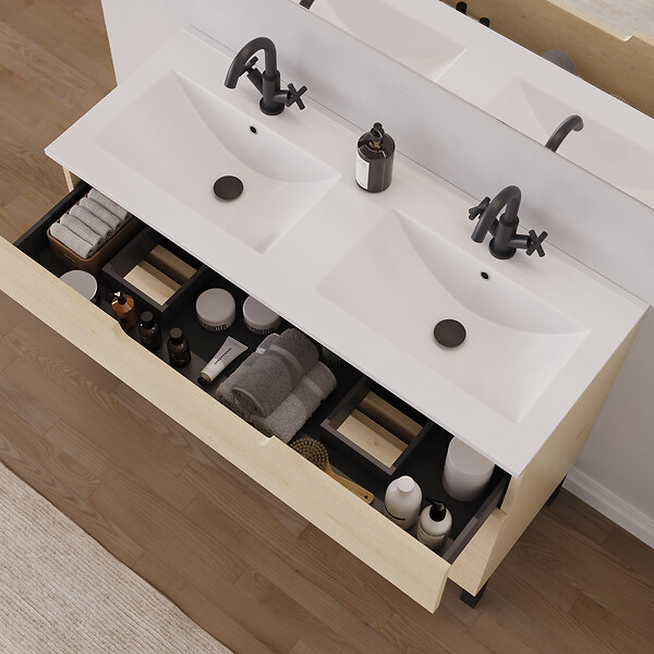 COSYNEO - Meuble de salle de bain 120cm double vasque - 3 tiroirs - roble calima (bois clair) - RIZA - large