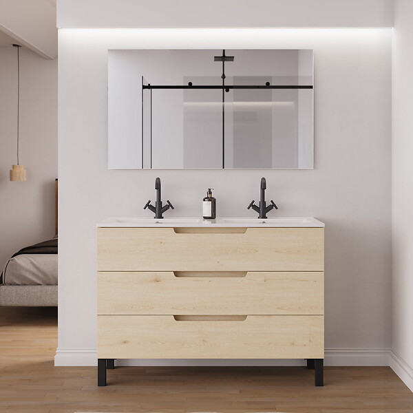 COSYNEO - Meuble de salle de bain 120cm double vasque - 3 tiroirs - roble calima (bois clair) - RIZA - large