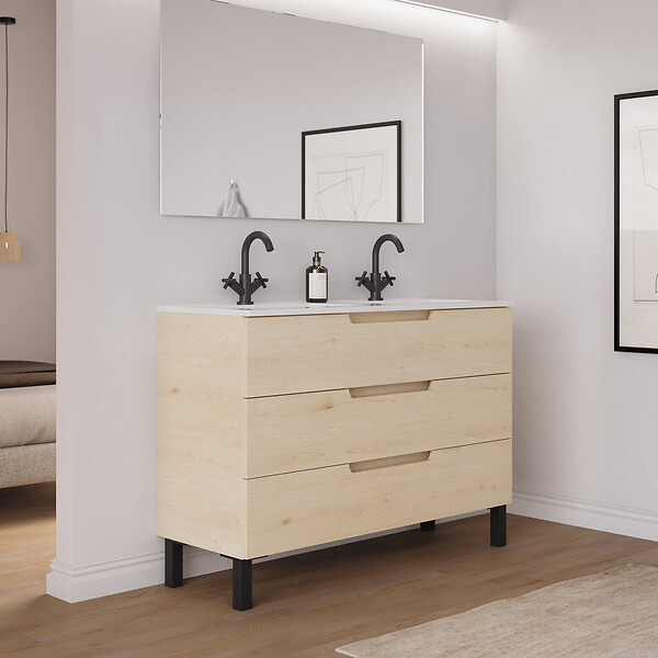 COSYNEO - Meuble de salle de bain 120cm double vasque - 3 tiroirs - roble calima (bois clair) - RIZA - large