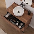 COSYNEO - Meuble de salle de bain 80cm avec plateau et vasque à poser ronde - 3 tiroirs - noyer (bois foncé) - RIZA - vignette