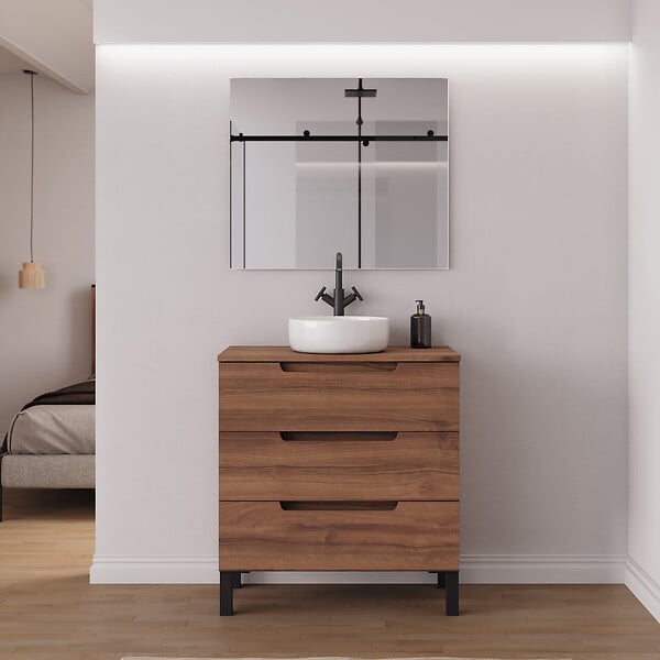 COSYNEO - Meuble de salle de bain 80cm avec plateau et vasque à poser ronde - 3 tiroirs - noyer (bois foncé) - RIZA - large