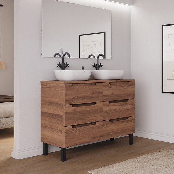 COSYNEO - Meuble de salle de bain 120cm avec plateau et 2 vasques à poser arrondies - 6 tiroirs - noyer (bois foncé) - RIZA - large