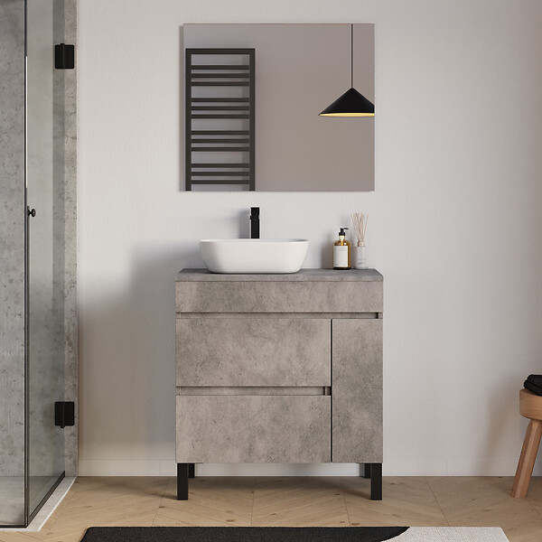 COSYNEO - Meuble de salle de bain 70cm avec plateau et vasque à poser arrondie - porte et tiroirs - ciment (gris) - LAZARO - large