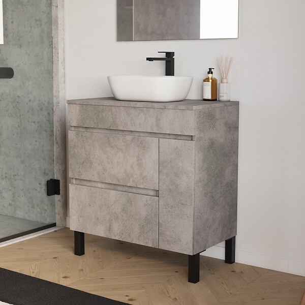 COSYNEO - Meuble de salle de bain 70cm avec plateau et vasque à poser arrondie - porte et tiroirs - ciment (gris) - LAZARO - large
