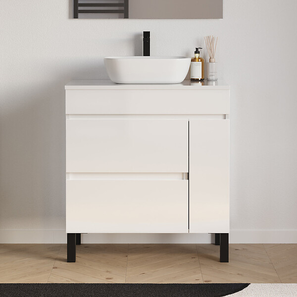COSYNEO - Meuble de salle de bain 80cm avec plateau et vasque à poser arrondie - porte et tiroirs - blanc brillant - LAZARO - large
