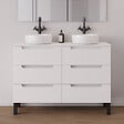 COSYNEO - Meuble de salle de bain 140cm avec plateau et 2 vasques à poser rondes - 6 tiroirs - sans miroir - blanc mat - RIZA - vignette
