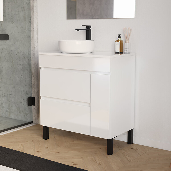 COSYNEO - Meuble de salle de bain 80cm avec plateau et vasque à poser ronde - porte et tiroirs - sans miroir - blanc brillant - LAZARO - large