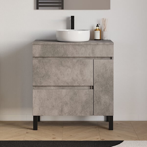 COSYNEO - Meuble de salle de bain 80cm avec plateau et vasque à poser ronde - porte et tiroirs - ciment (gris) - LAZARO - large