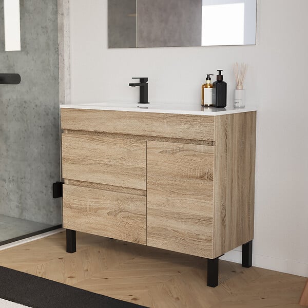 COSYNEO - Meuble de salle de bain 100cm sur pieds avec vasque déportée à gauche - sans miroir - porte et tiroirs - cambrian (chêne clair) - LAZARO - large