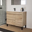 COSYNEO - Meuble de salle de bain 100cm sur pieds avec vasque déportée à gauche - sans miroir - porte et tiroirs - cambrian (chêne clair) - LAZARO - vignette