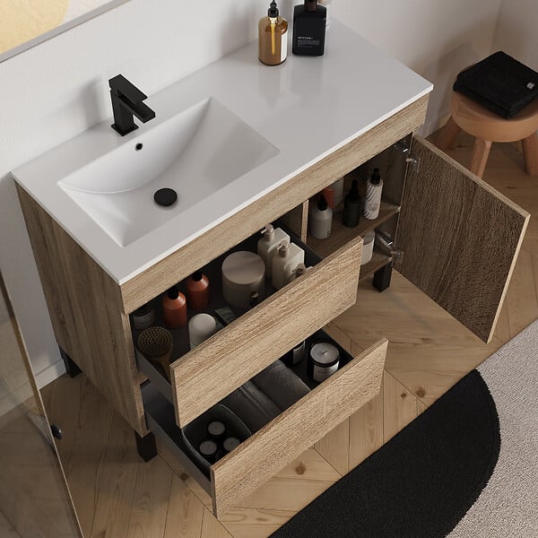 COSYNEO - Meuble de salle de bain 100cm sur pieds avec vasque déportée à gauche - sans miroir - porte et tiroirs - cambrian (chêne clair) - LAZARO - large