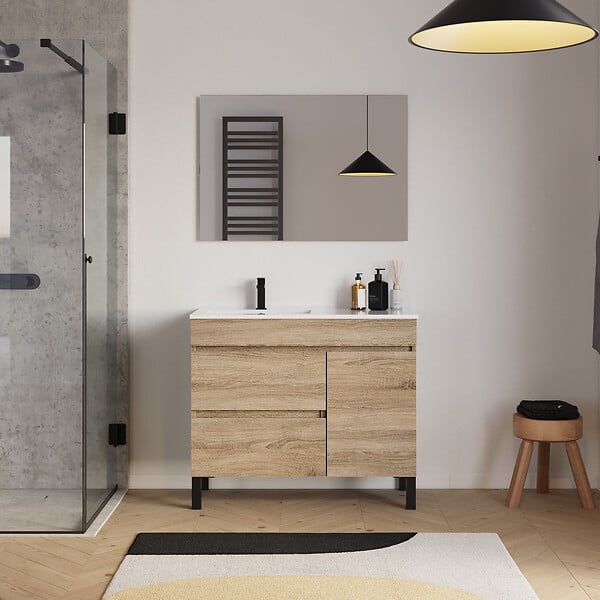 COSYNEO - Meuble de salle de bain 100cm sur pieds avec vasque déportée à gauche - sans miroir - porte et tiroirs - cambrian (chêne clair) - LAZARO - large