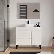COSYNEO - Meuble de salle de bain 90cm avec plateau et vasque à poser arrondie - porte et tiroirs - blanc brillant - LAZARO - vignette