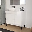 COSYNEO - Meuble de salle de bain 90cm avec plateau et vasque à poser arrondie - porte et tiroirs - blanc brillant - LAZARO - vignette