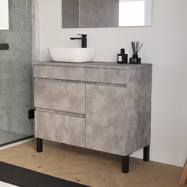 COSYNEO - Meuble de salle de bain 100cm avec plateau et vasque à poser arrondie - porte et tiroirs - sans miroir - ciment (gris) - LAZARO - large