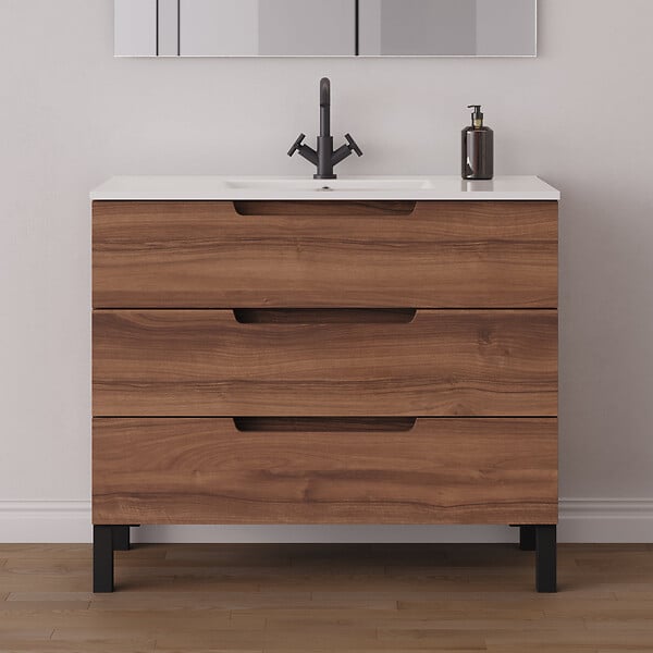 COSYNEO - Meuble de salle de bain 100cm simple vasque - 3 tiroirs - noyer (bois foncé) - RIZA - large