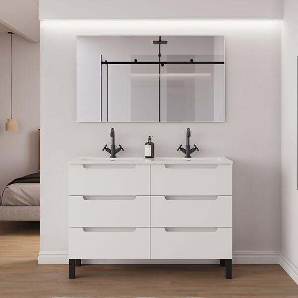 COSYNEO - Meuble de salle de bain 140cm double vasque - 6 tiroirs - blanc mat - RIZA - large