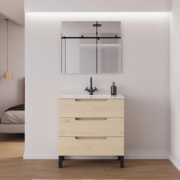 COSYNEO - Meuble de salle de bain 60cm simple vasque - 3 tiroirs - roble calima (bois clair) - RIZA - large