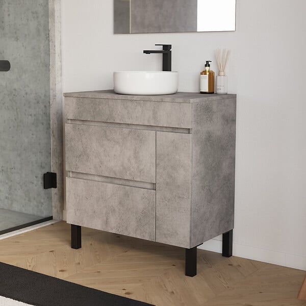 COSYNEO - Meuble de salle de bain 70cm avec plateau et vasque à poser ronde - porte et tiroirs - ciment (gris) - LAZARO - large