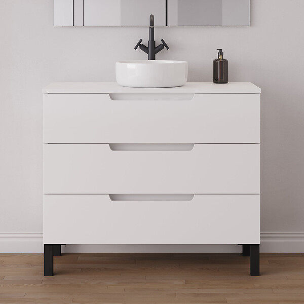COSYNEO - Meuble de salle de bain 100cm avec plateau et vasque à poser ronde - 3 tiroirs - blanc mat - RIZA - large