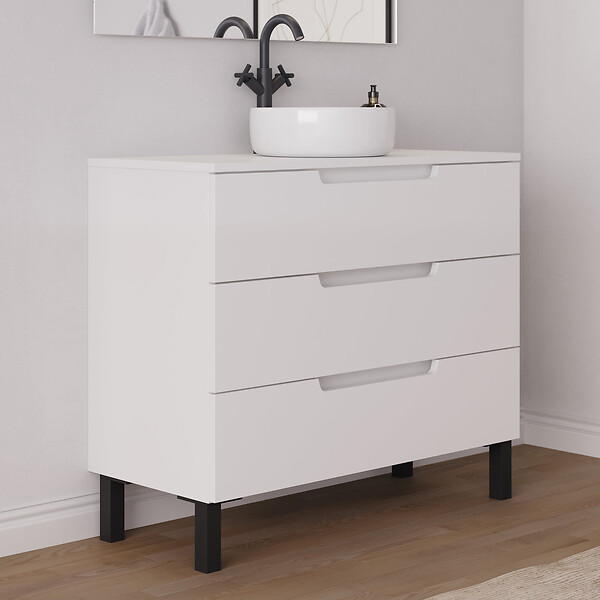COSYNEO - Meuble de salle de bain 100cm avec plateau et vasque à poser ronde - 3 tiroirs - blanc mat - RIZA - large
