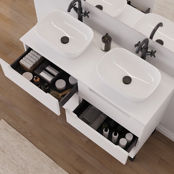COSYNEO - Meuble de salle de bain 120cm avec plateau et 2 vasques à poser arrondies - 6 tiroirs - sans miroir - blanc mat - RIZA - large
