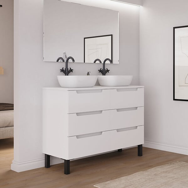 COSYNEO - Meuble de salle de bain 120cm avec plateau et 2 vasques à poser arrondies - 6 tiroirs - sans miroir - blanc mat - RIZA - large