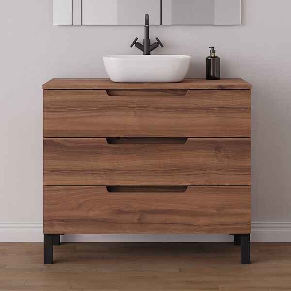 COSYNEO - Meuble de salle de bain 90cm avec plateau et vasque à poser arrondie - 3 tiroirs - noyer (bois foncé) - RIZA - large