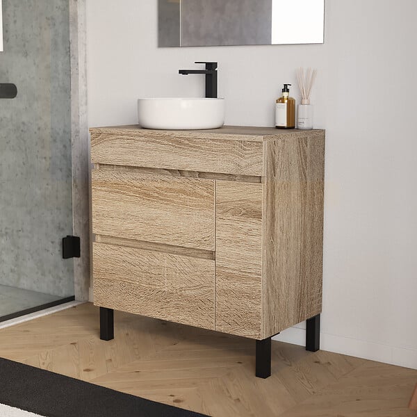 COSYNEO - Meuble de salle de bain 70cm avec plateau et vasque à poser ronde - porte et tiroirs - sans miroir - cambrian (chêne clair) - LAZARO - large
