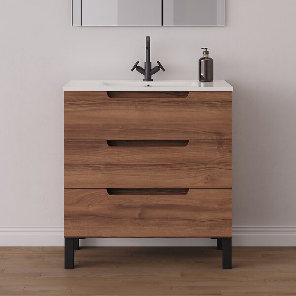 COSYNEO - Meuble de salle de bain 60cm simple vasque - 3 tiroirs - noyer (bois foncé) - RIZA - large