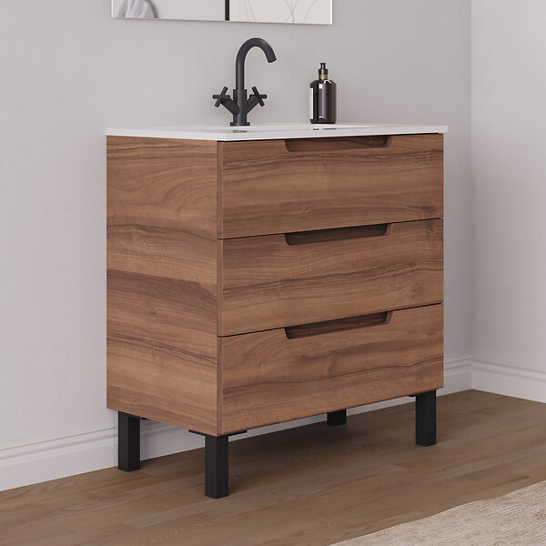 COSYNEO - Meuble de salle de bain 60cm simple vasque - 3 tiroirs - noyer (bois foncé) - RIZA - large
