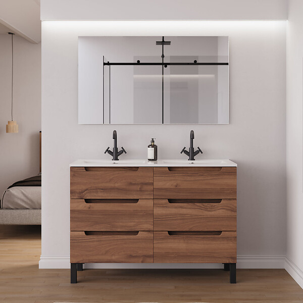 COSYNEO - Meuble de salle de bain 140cm double vasque - 6 tiroirs - sans miroir - noyer (bois foncé) - RIZA - large