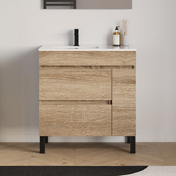 COSYNEO - Meuble de salle de bain 80cm sur pieds avec vasque déportée à gauche avec porte et tiroirs - cambrian (chêne clair) - LAZARO - large
