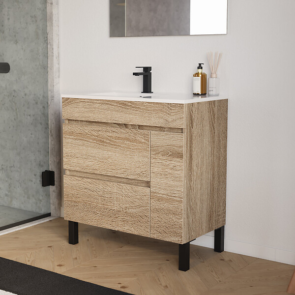 COSYNEO - Meuble de salle de bain 80cm sur pieds avec vasque déportée à gauche avec porte et tiroirs - cambrian (chêne clair) - LAZARO - large