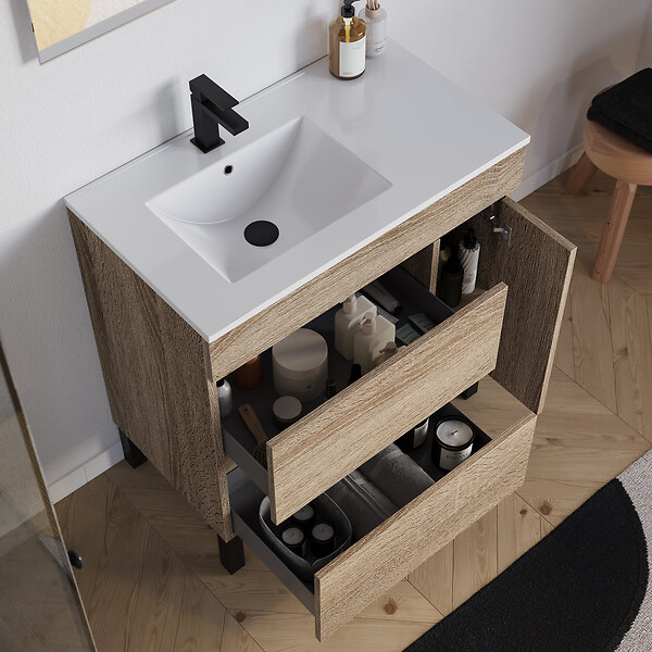 COSYNEO - Meuble de salle de bain 80cm sur pieds avec vasque déportée à gauche avec porte et tiroirs - cambrian (chêne clair) - LAZARO - large