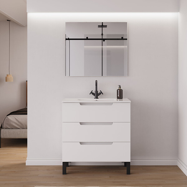 COSYNEO - Meuble de salle de bain 80cm simple vasque - sans miroir - 3 tiroirs - blanc mat - RIZA - large