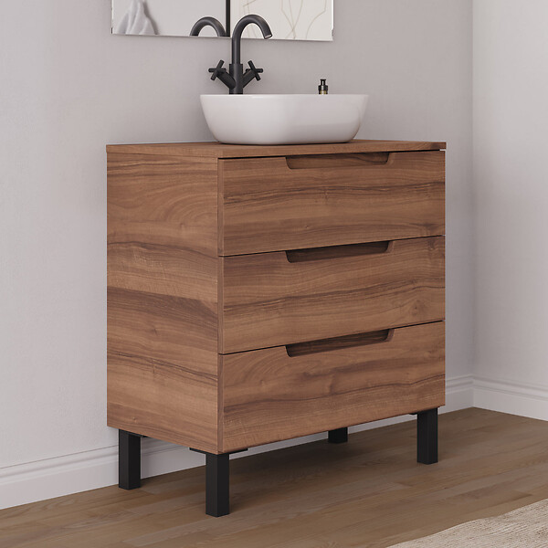 COSYNEO - Meuble de salle de bain 80cm avec plateau et vasque à poser arrondie - sans miroir - 3 tiroirs - noyer (bois foncé) - RIZA - large