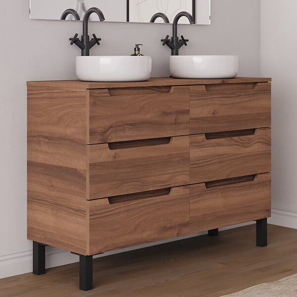 COSYNEO - Meuble de salle de bain 140cm avec plateau et 2 vasques à poser rondes - 6 tiroirs - sans miroir - noyer (bois foncé) - RIZA - large