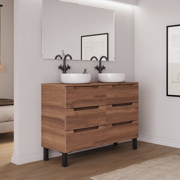 COSYNEO - Meuble de salle de bain 140cm avec plateau et 2 vasques à poser rondes - 6 tiroirs - sans miroir - noyer (bois foncé) - RIZA - large