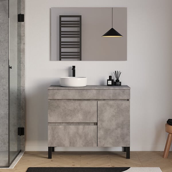 COSYNEO - Meuble de salle de bain 100cm avec plateau et vasque à poser ronde - porte et tiroirs - ciment (gris) - LAZARO - large