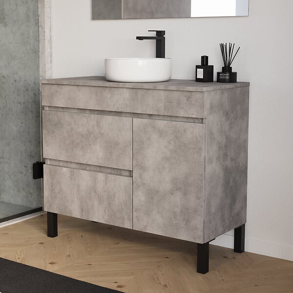 COSYNEO - Meuble de salle de bain 100cm avec plateau et vasque à poser ronde - porte et tiroirs - ciment (gris) - LAZARO - large